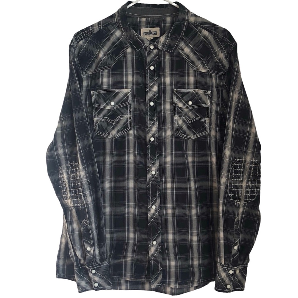 Distillery Plaid Pearl Snap Front Shirt Embellished Detail Unisex
